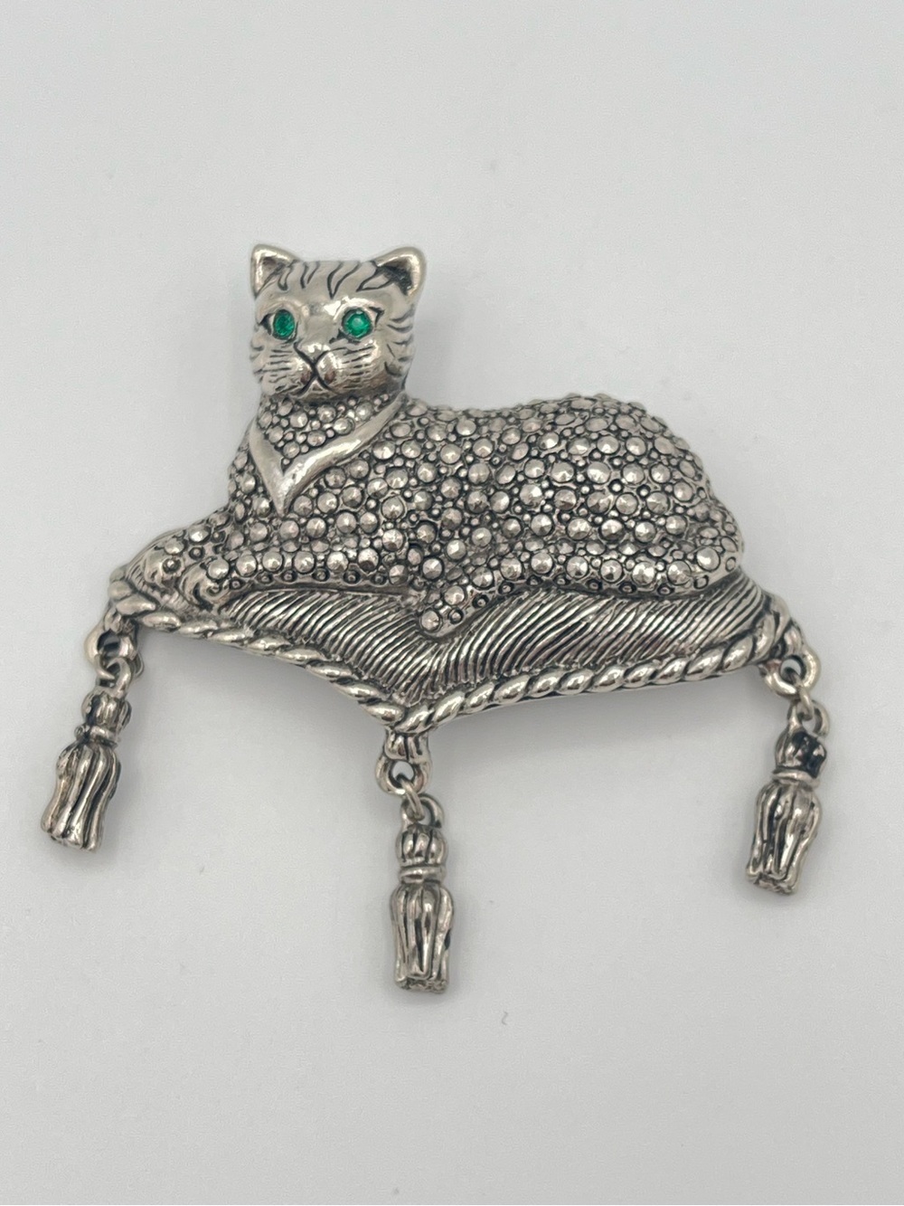 Vintage Silver Marcasite Style Cat on Tasseled Pillow Brooch